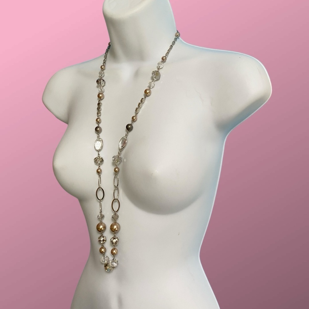 Glass Beads Necklace Silver Tone Chain Faceted Rhinestones